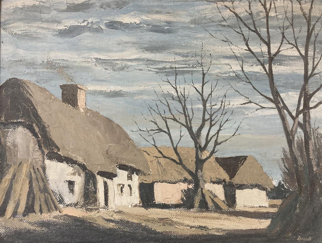 George William Bissell (1896-1973), oil on canvas, Thatched cottages, signed, 33 x 43cm